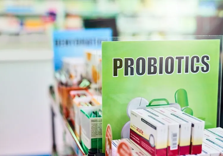 Probiotic supplements on pharmacy shelf — Akkermansia supplements are available through online retailers in Ireland